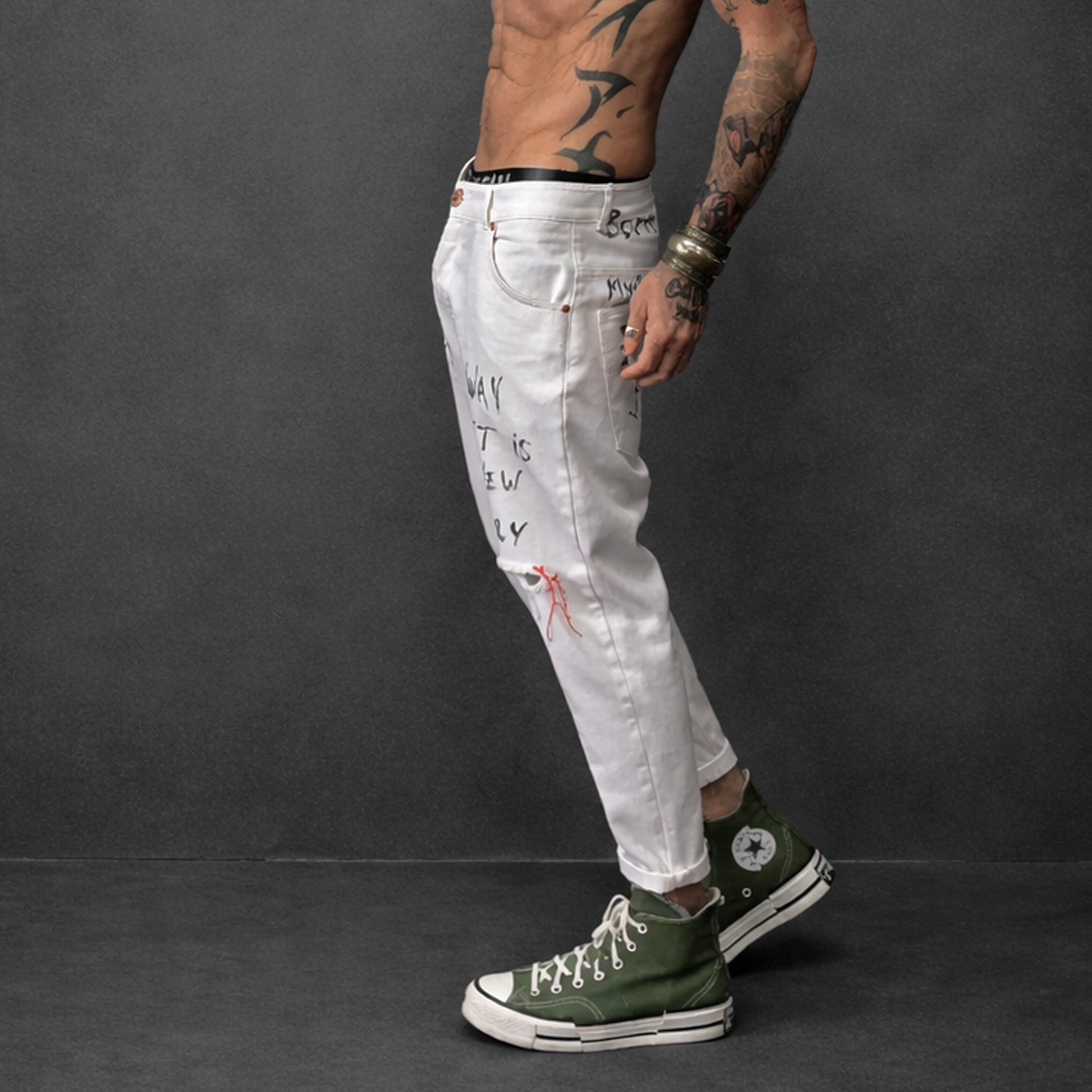luxury white streetwear jeans side view
